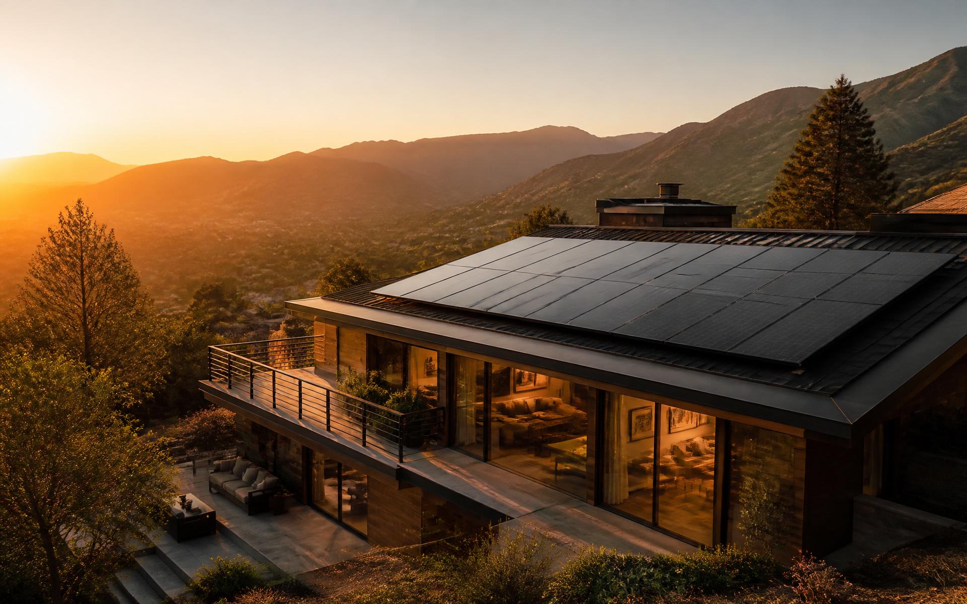 Modern hillside home at sunset with rooftop solar panels